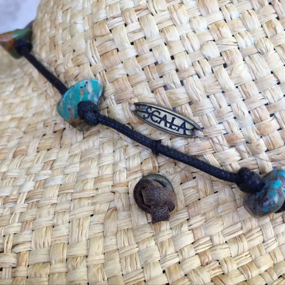 Vintage Distressed Scala Straw Hat Wide Brim Turquoise LeatherBand Western Boho - Picture 7 of 7